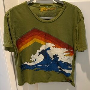 Aviator Nation distressed cropped green wave 🌊 + rainbow 🌈 tee shirt- medium